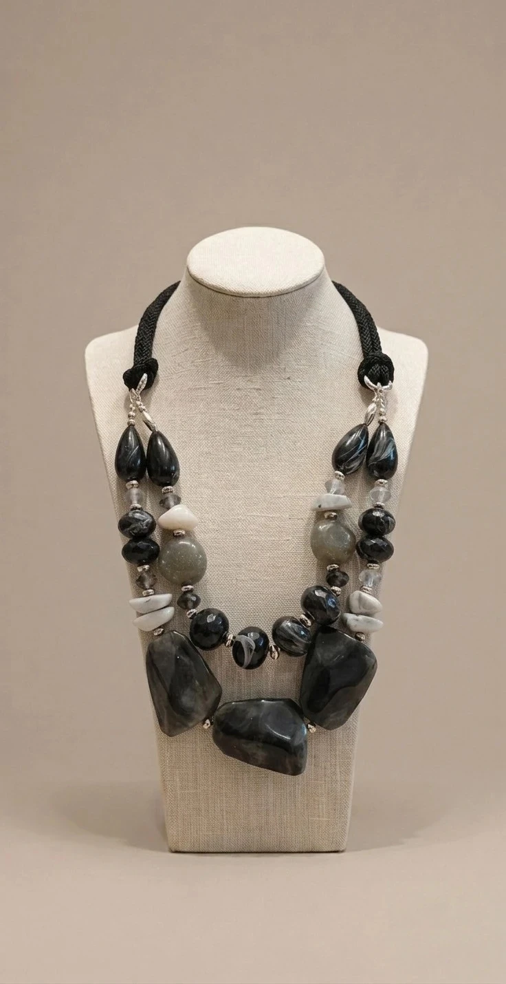 Collier perles en résine et cordon noir couleurs des perles : noir, gris, crème et vert kaki, Bohème